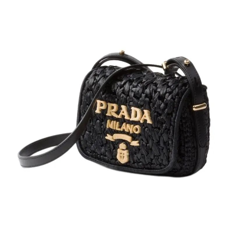 PRADA Raffia With Leather Shoulder Bag, Crossbody Bag Women's Black-1