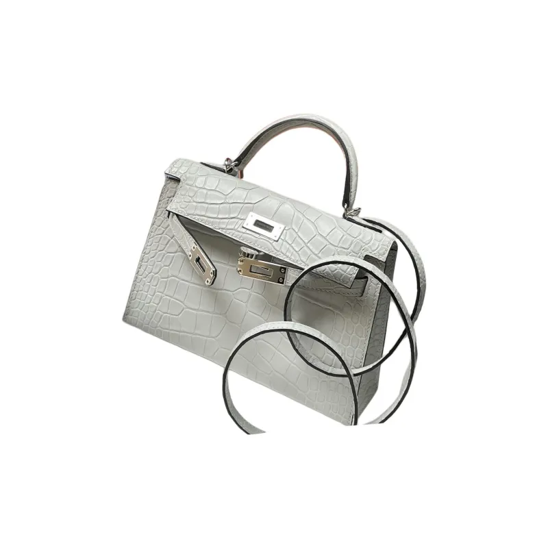 HERMES Matte Finish Alligator Leather Kelly Bag Handbags Mini Women's Ice Crystal Gray-1