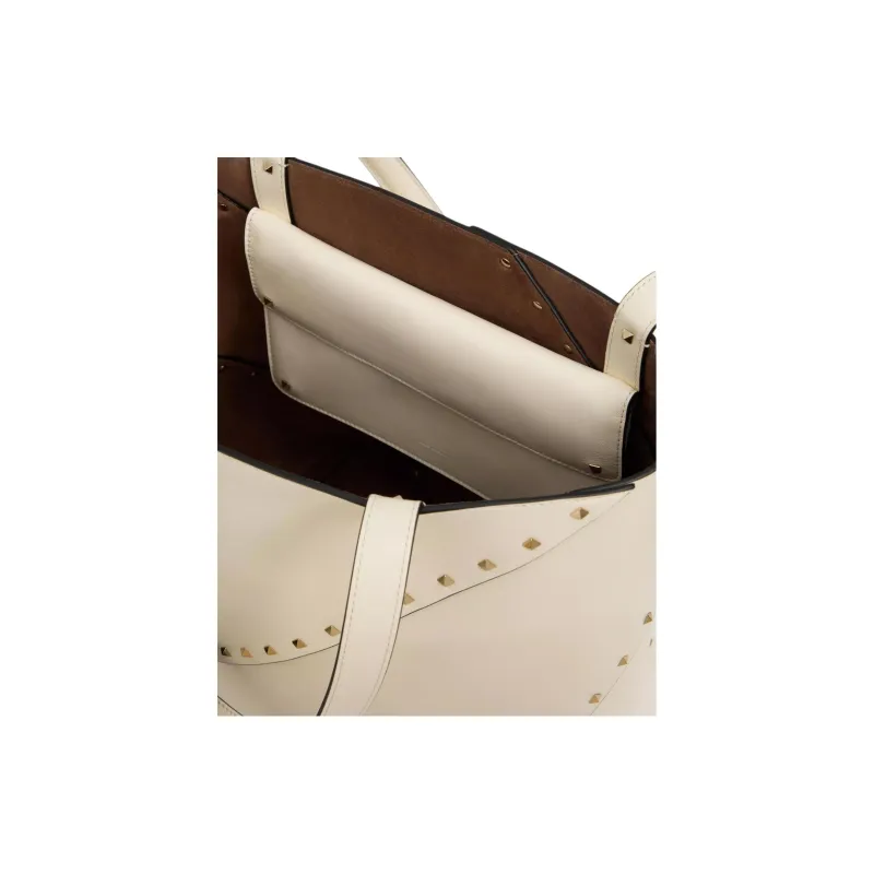 Valentino ROCKSTUD Calfskin Tote Bag Shopping Bag Handbag Small Size Women's White-5