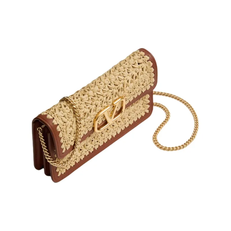 Valentino Raffia With Leather Wallet, Shoulder Bag, Crossbody Bag Women's Natural & Brown-4