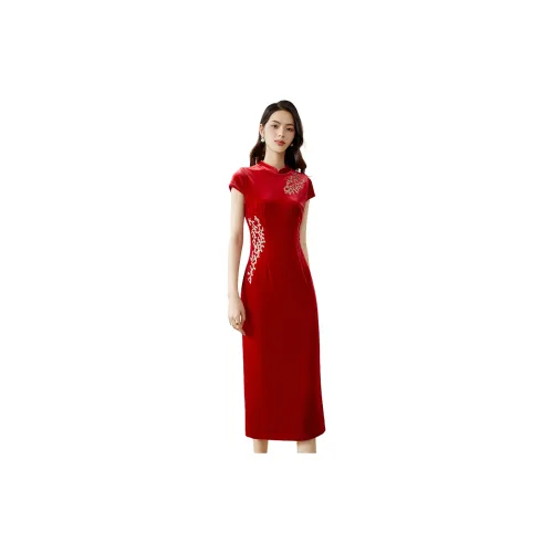 Late White Short-Sleeved Dresses Women's China Red