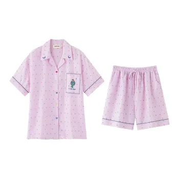 Wabi Town 100% Cotton Short-Sleeved Girl Pajama Set Loungewear Minimalist Style Niche Women's Pink