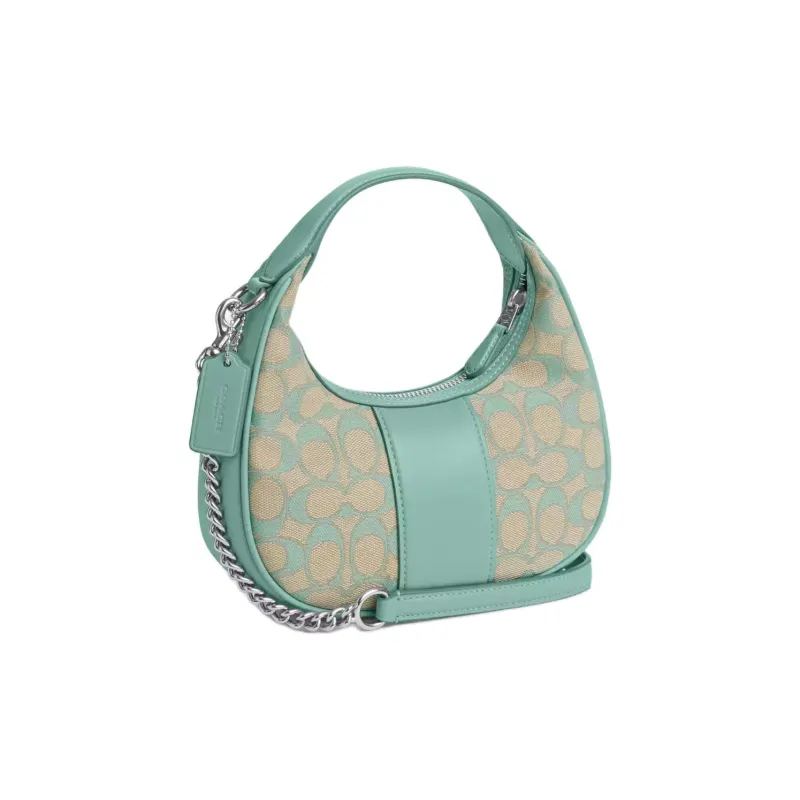 COACH Iconic Jacquard With Smooth Leather Handbag Shoulder Bag Crossbody Bag Mini Women's Silver & Faded Blue-1
