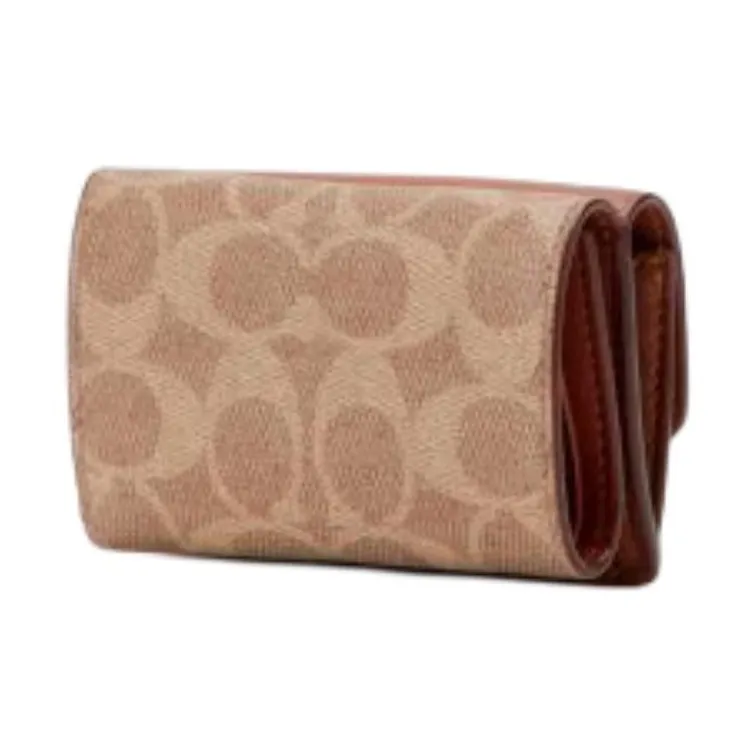 COACH Trifold Wallet Coated Canvas With Calfskin Coin Purses Wallets Regular Women's Brown & Khaki-2