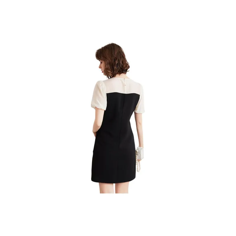 LOUISY AO Short-Sleeved Dresses Women's Black Spliced Rice Almond-1