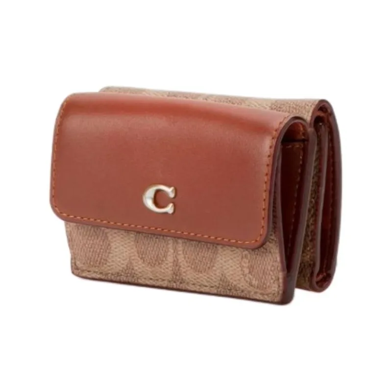 COACH Trifold Wallet Coated Canvas With Calfskin Coin Purses Wallets Regular Women's Brown & Khaki-1