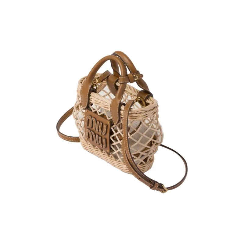MIU MIU Leather Trim Shoulder Bag, Crossbody Bag, Handbag Women's Tan With Caramel-1