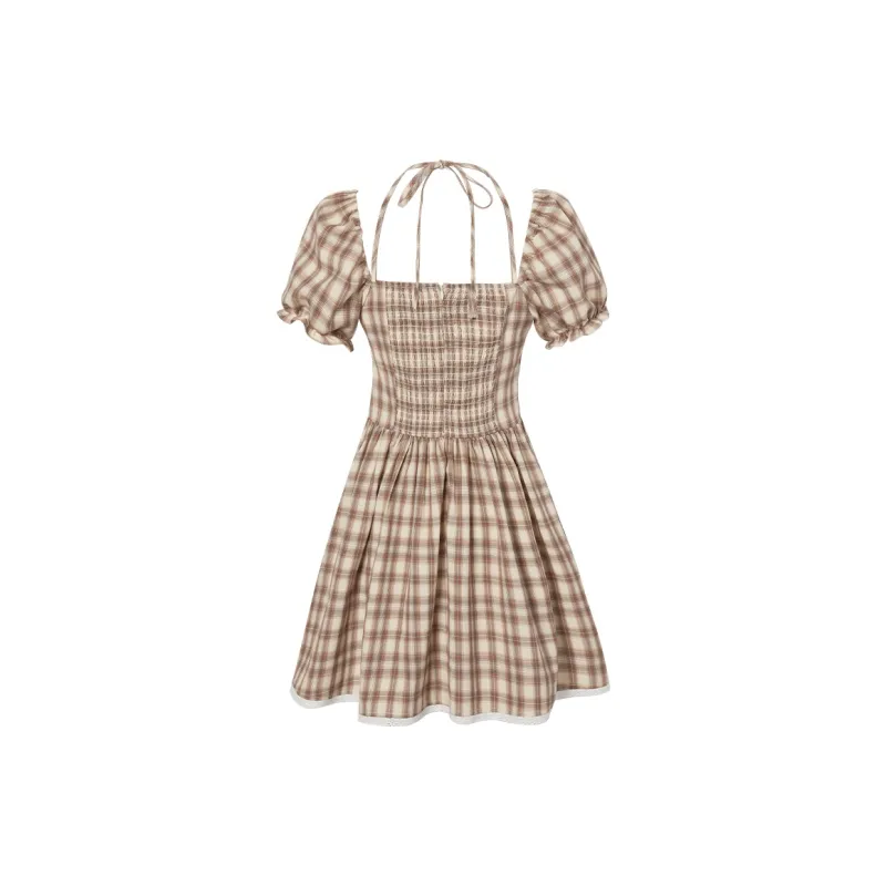 LA CRAWFISH Short Sleeved Dresses Women's Coffee Plaid-1