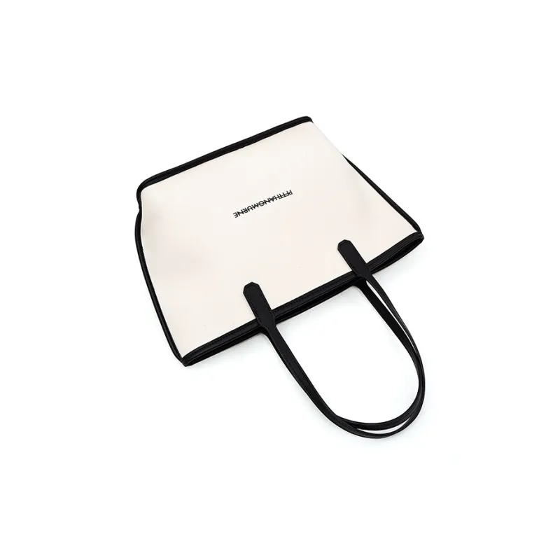 Vigno Canvas Canvas Bag Handbag Shoulder Bag Large Size Women's White & Black White & Apricot-2