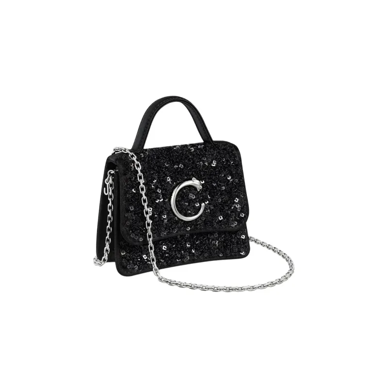 CARTIER Panthère De Cartier Sequins Shoulder Bag Crossbody Bag Handbag Mini Women's Black-0