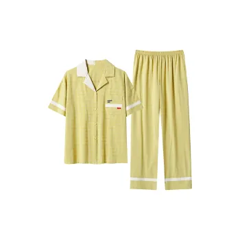 Close-fitting Areas Pajama Set Women's Mustard Green