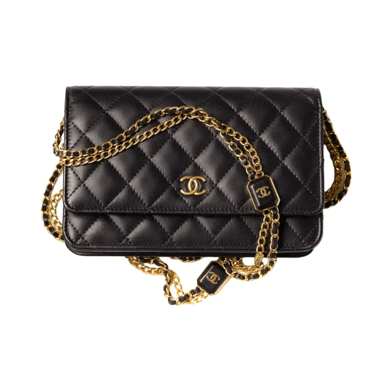 CHANEL WOC Sheepskin & Gold Metal Detail Shoulder Bag, Crossbody Bag Women's Black-0
