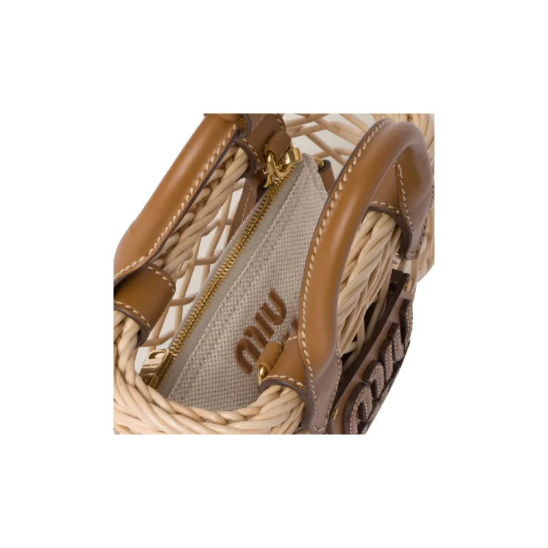 MIU MIU Leather Trim Shoulder Bag, Crossbody Bag, Handbag Women's Tan With Caramel-4