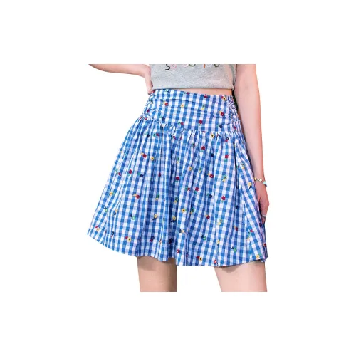 ELF SACK Casual Short Skirts Women's Vibrant Floral Blue Plaid