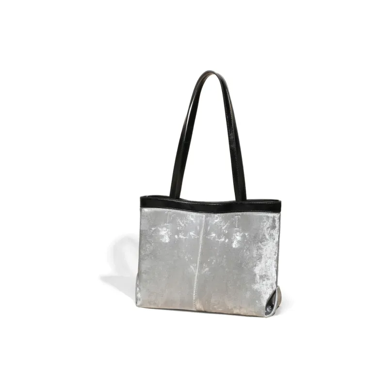 COMELY Cow Split Leather Bonded Synthetic Leather Tote Bag Shopping Bag Shoulder Bag Regular Women's Silver/Black-5