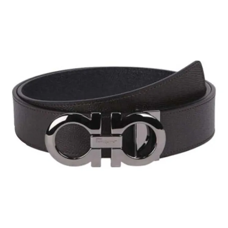 FERRAGAMO Smooth Badge Buckle Design Leather Belts Unisex Brown Width 3.4CM-0