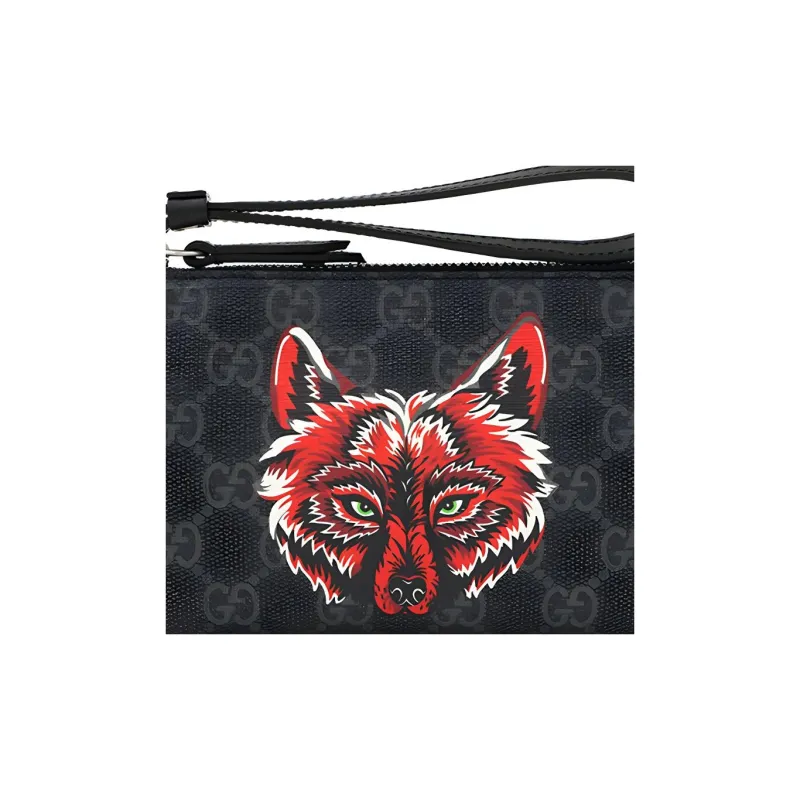 GUCCI Canvas With Leather Coin Purse Clutch Men's Black/Gray Color/Red-4