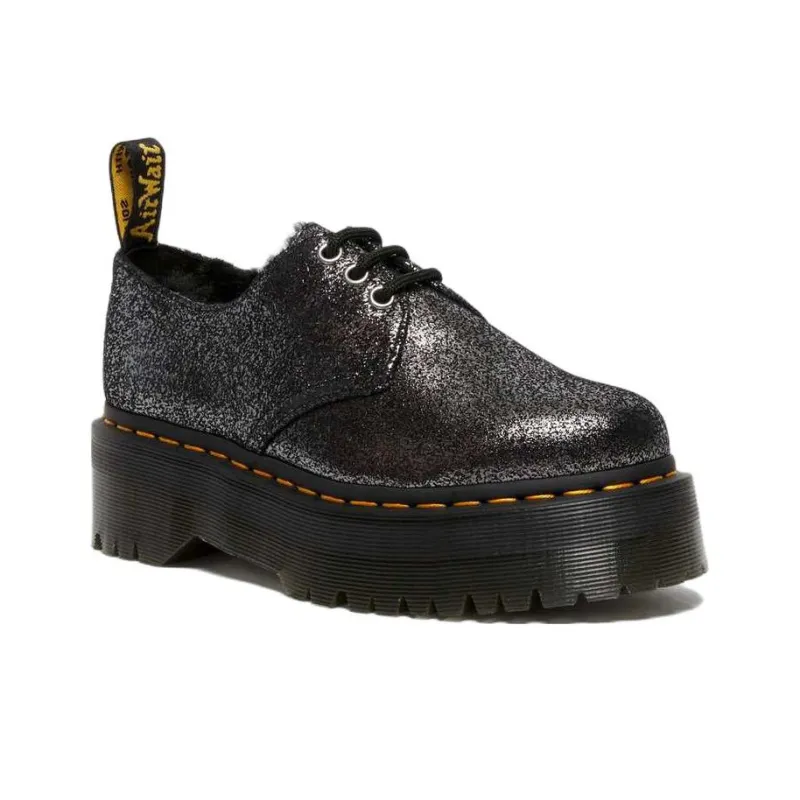 Dr.Martens 1461 Faux Fur Lined Metallic Leather Platform Shoes 'Black'-1