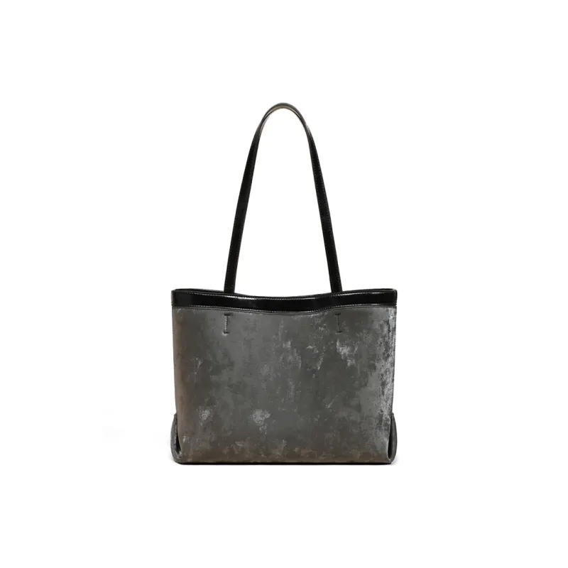 COMELY Cow Split Leather Bonded Synthetic Leather Tote Bag Shopping Bag Shoulder Bag Regular Women's Silver/Black-7