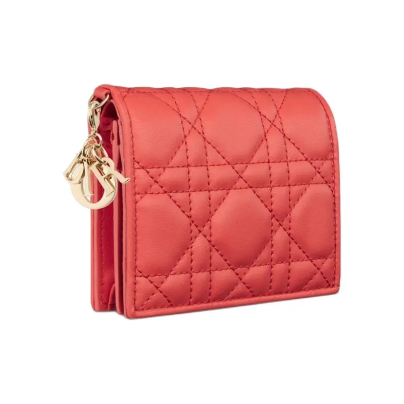 DIOR Lady Dior Wicker Pattern Sheepskin Wallet Mini Women's Coral-1