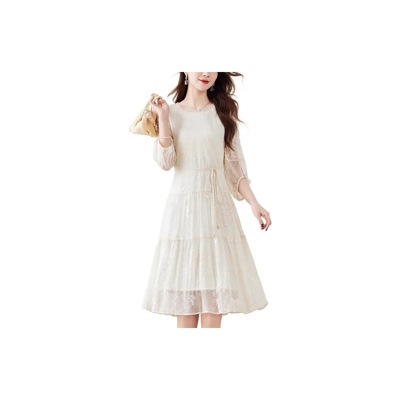 To The West Short Sleeved Dresses Women's Beige-1