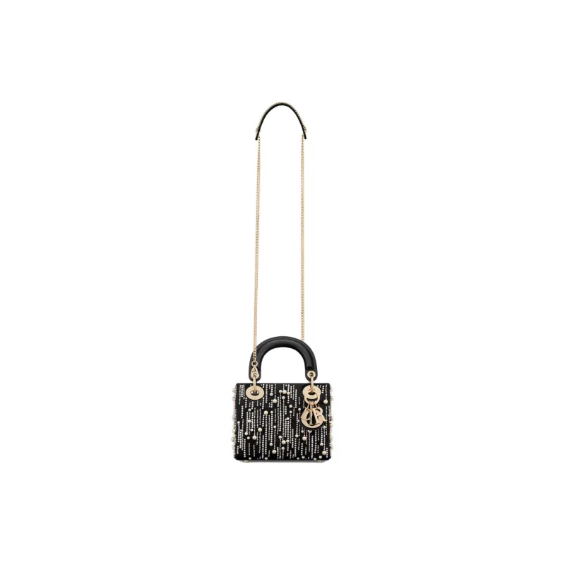 DIOR Lady Dior Resin Beaded Embroidered Satin Tote Bag Shopping Bag Handbag Mini Women's Black-1