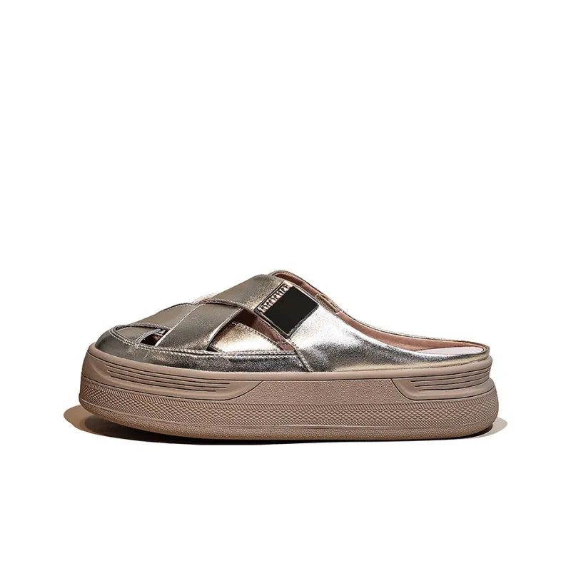 Junjali Rubber Sole Stitching Leather Patchwork Slip Resistant Abrasion Resistant Closed Toe Slippers Women's-0