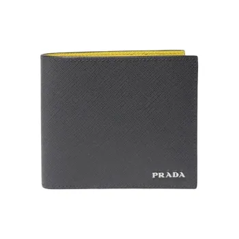 PRADA Cow Leather Wallet Men's Gray & Yellow