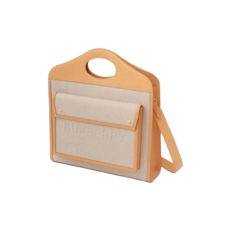 Burberry Pocket Bag Two Tone Canvas With Leather Canvas Bag, Tote Bag, Shopping Bag, Handbag Medium Size Women's Beige-2