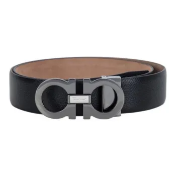 FERRAGAMO Logo Emblem, Smooth Buckle Leather Belts Men's Black Width 3.4CM