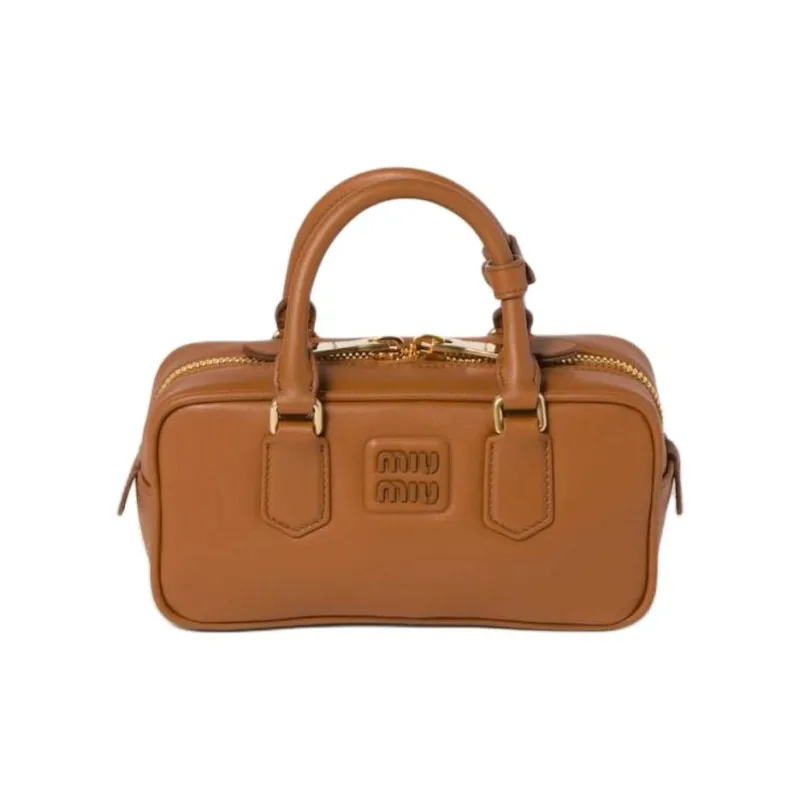 MIU MIU Arcadie Series Leather Bowling Bag Shoulder Bag Crossbody Bag Handbag Women's Cognac-0