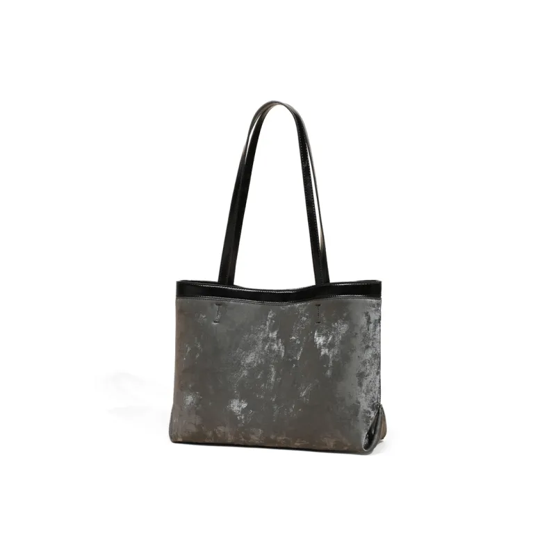 COMELY Cow Split Leather Bonded Synthetic Leather Tote Bag Shopping Bag Shoulder Bag Regular Women's Silver/Black-8