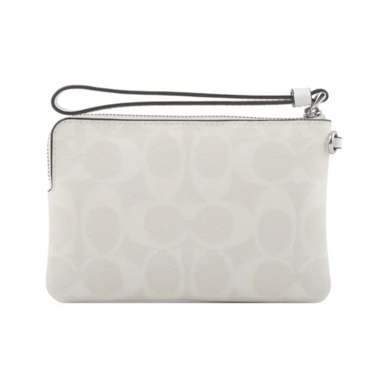 COACH Corner Zip Canvas With Leather Wallet Clutch Wrist Bag Trumpets Women's Silver & Chalk-2