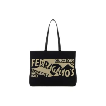 FERRAGAMO Fabric Tote Bag Shopping Bag Shoulder Bag Handbag Large Size Women's Black
