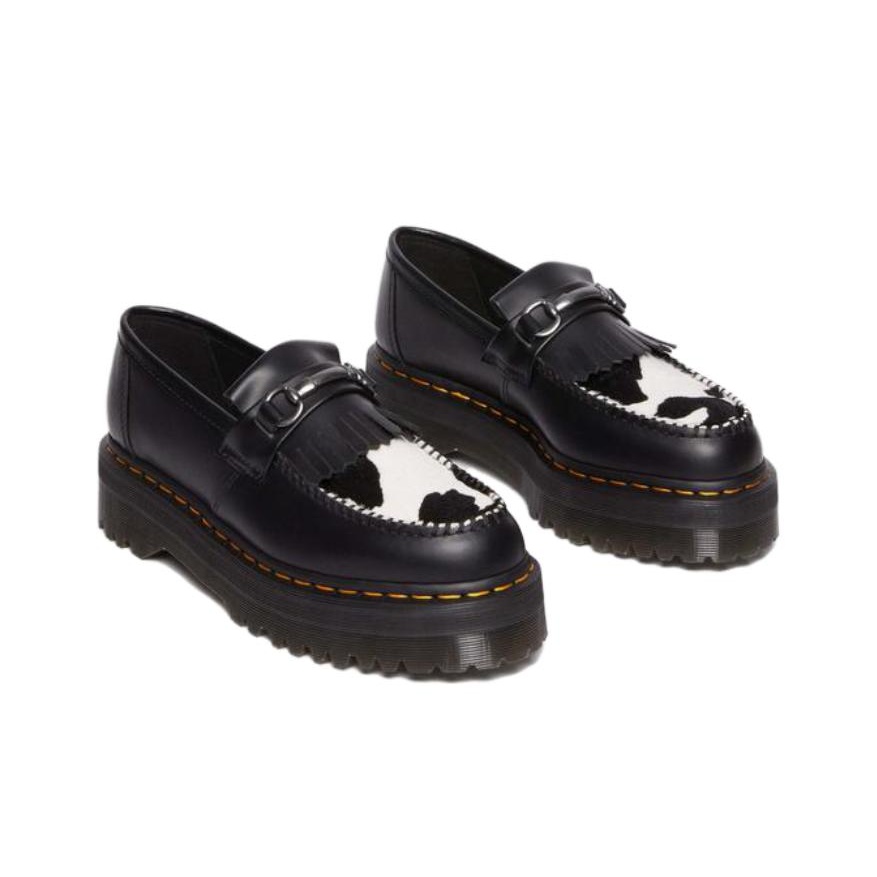 DR. MARTENS ADRIAN SNAFFLE HAIR-ON COW PRINT KILTIE LOAFERS