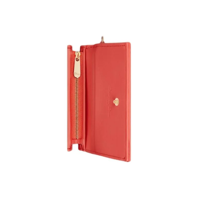 DIOR Lady Dior Wicker Pattern Sheepskin Wallet Mini Women's Coral-3