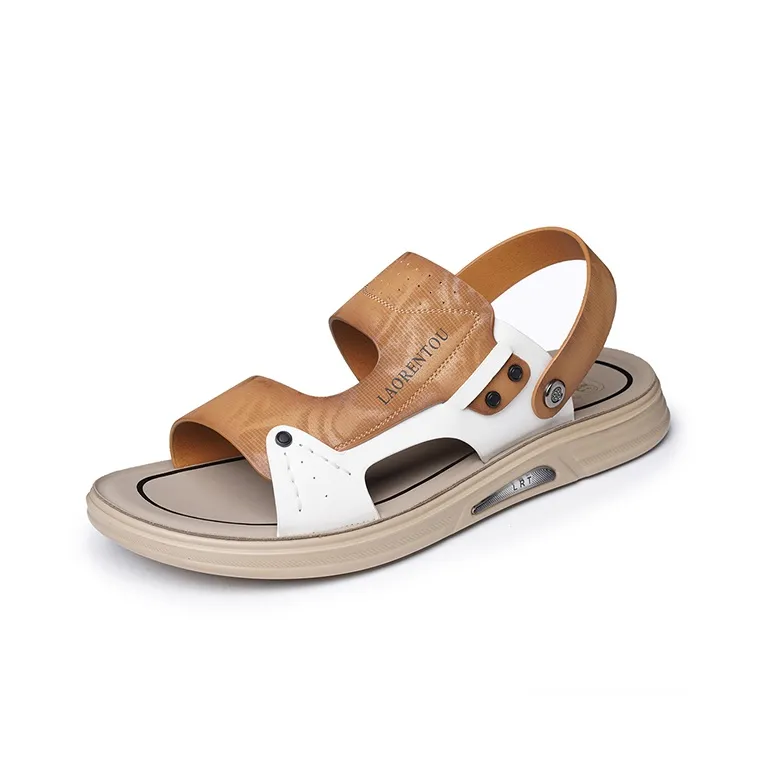 LAORENTOU Beach Sandals Men Gray White/Yellow White-7