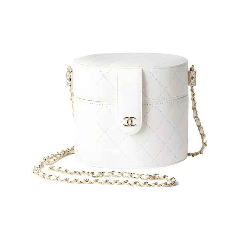 CHANEL Sheepskin Cylinder Bag, Makeup Bag, Shoulder Bag, Crossbody Bag Medium Size Women's White-0