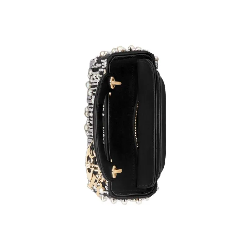 DIOR Lady Dior Resin Beaded Embroidered Satin Tote Bag Shopping Bag Handbag Mini Women's Black-4