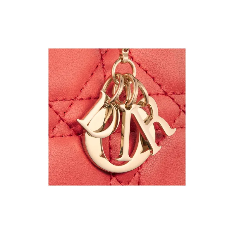 DIOR Lady Dior Wicker Pattern Sheepskin Wallet Mini Women's Coral-5