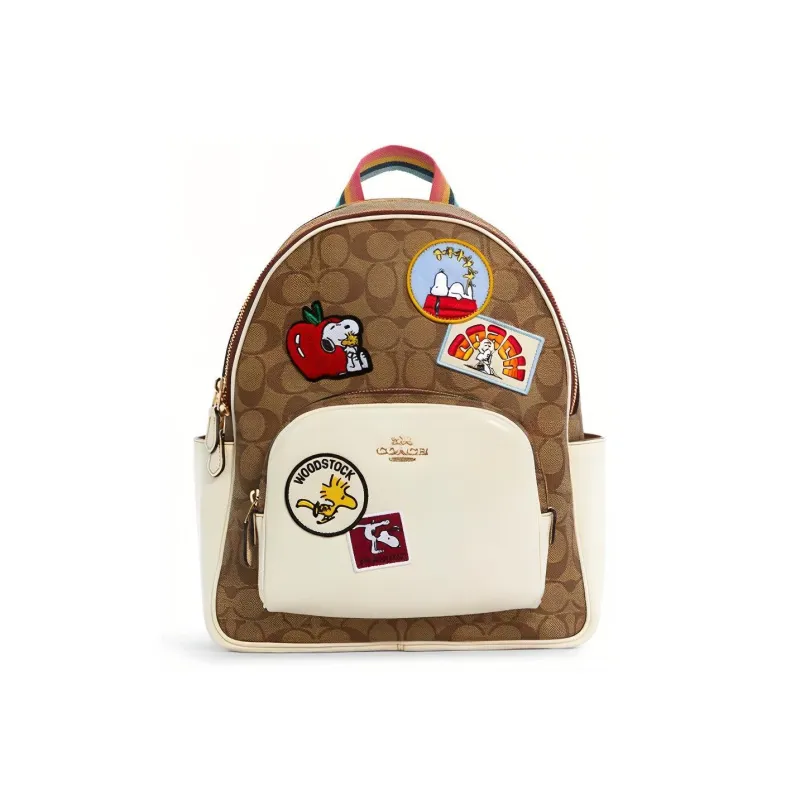 COACH Snoopy Collaboration Court Artificial Leather Backpack Large Size Women's Khaki Monogram & White-0