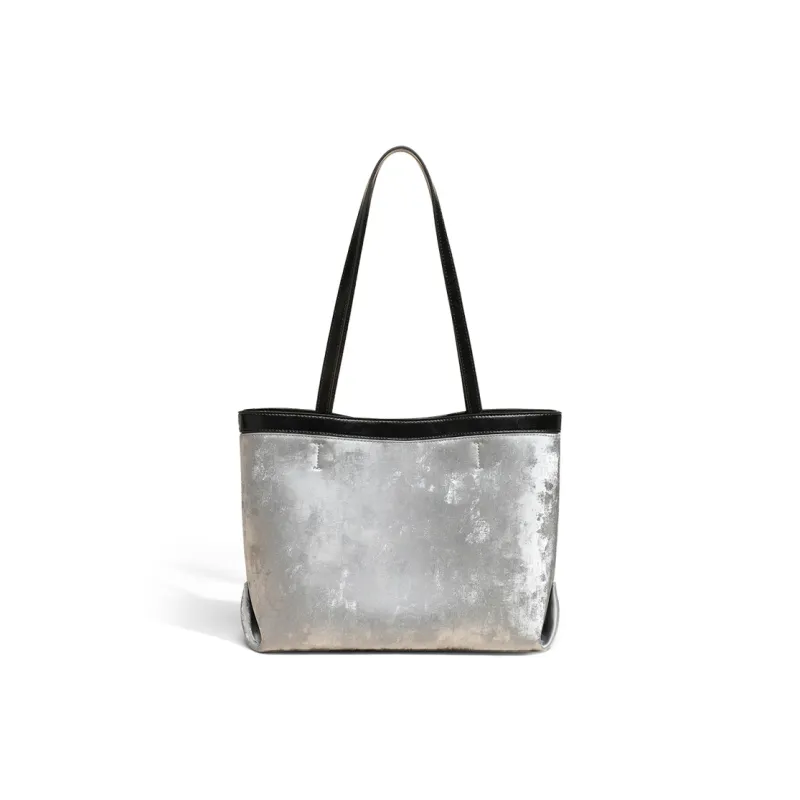 COMELY Cow Split Leather Bonded Synthetic Leather Tote Bag Shopping Bag Shoulder Bag Regular Women's Silver/Black-1