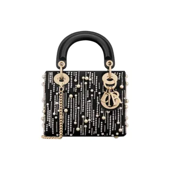 DIOR Lady Dior Resin Beaded Embroidered Satin Tote Bag Shopping Bag Handbag Mini Women's Black
