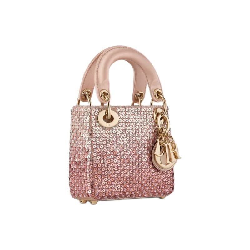 DIOR Satin Embroidered Sequins Tote Bag Shopping Bag Handbag Extra Mini Women's Pink-2