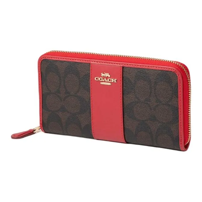 COACH Accordion Zip Monogram Canvas With Leather Wallet Women's Red & Dark Brown Monogram-1