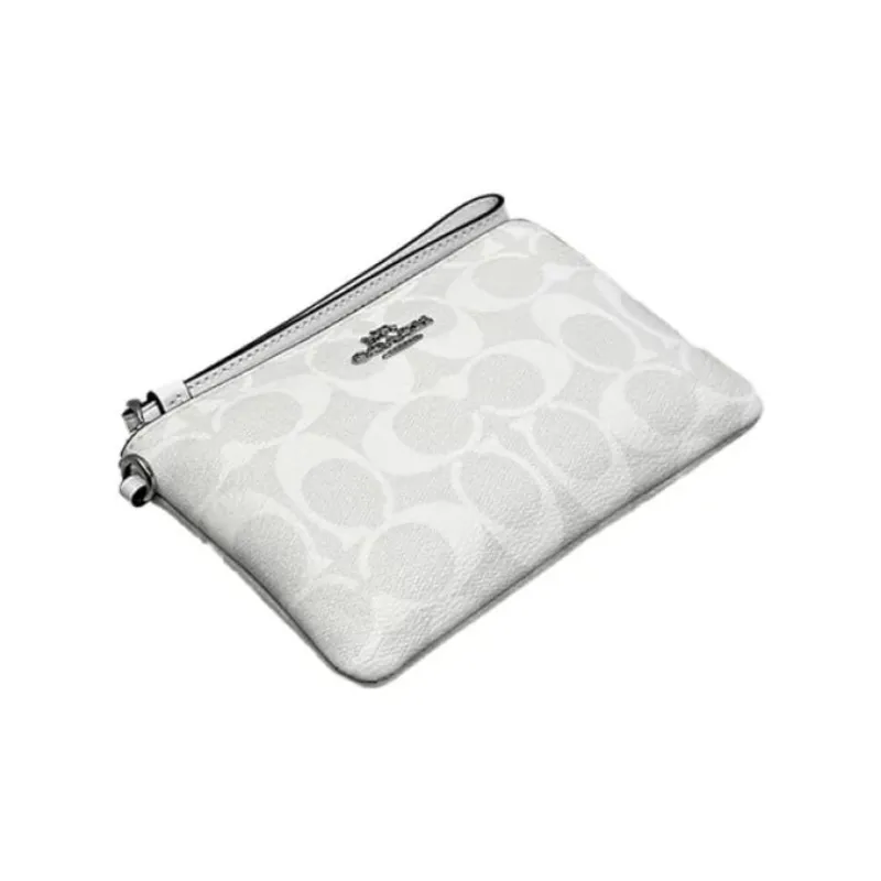 COACH Corner Zip Canvas With Leather Wallet Clutch Wrist Bag Trumpets Women's Silver & Chalk-1