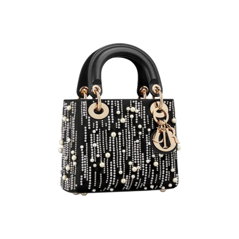 DIOR Lady Dior Resin Beaded Embroidered Satin Tote Bag Shopping Bag Handbag Mini Women's Black-2