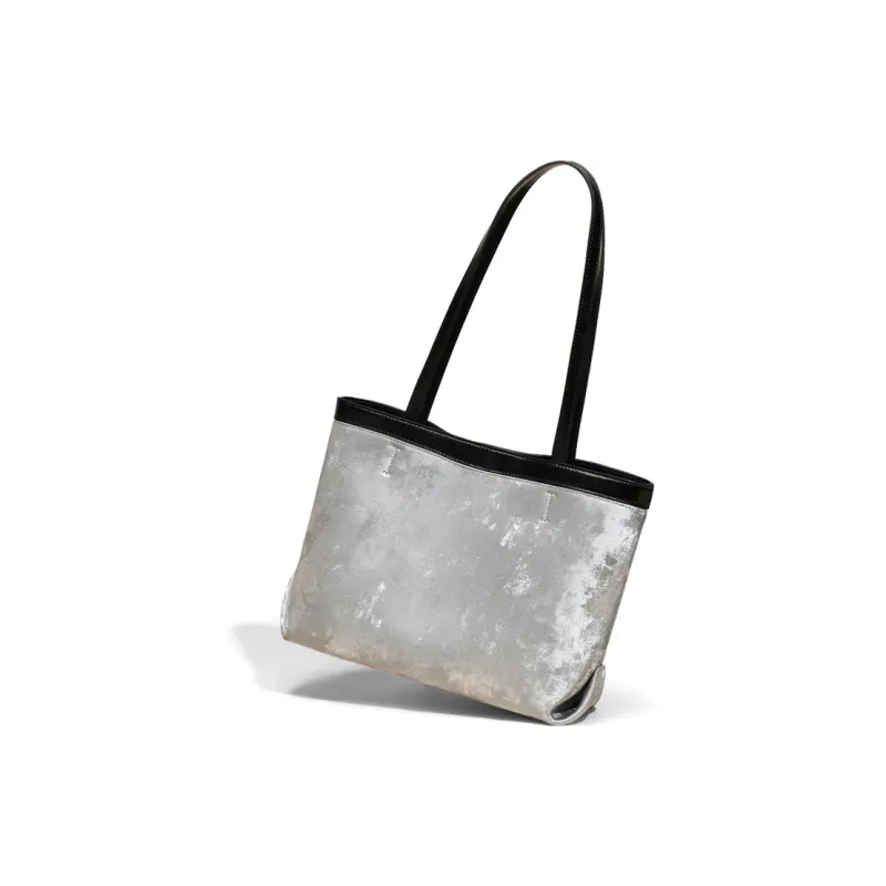 COMELY Cow Split Leather Bonded Synthetic Leather Tote Bag Shopping Bag Shoulder Bag Regular Women's Silver/Black-3