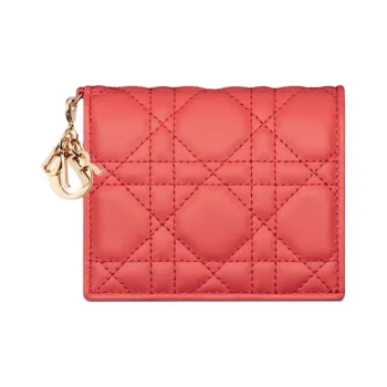 DIOR Lady Dior Wicker Pattern Sheepskin Wallet Mini Women's Coral