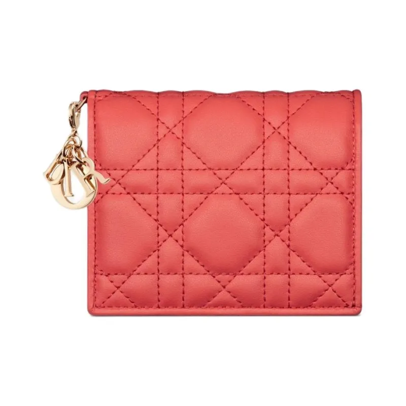 DIOR Lady Dior Wicker Pattern Sheepskin Wallet Mini Women's Coral-0